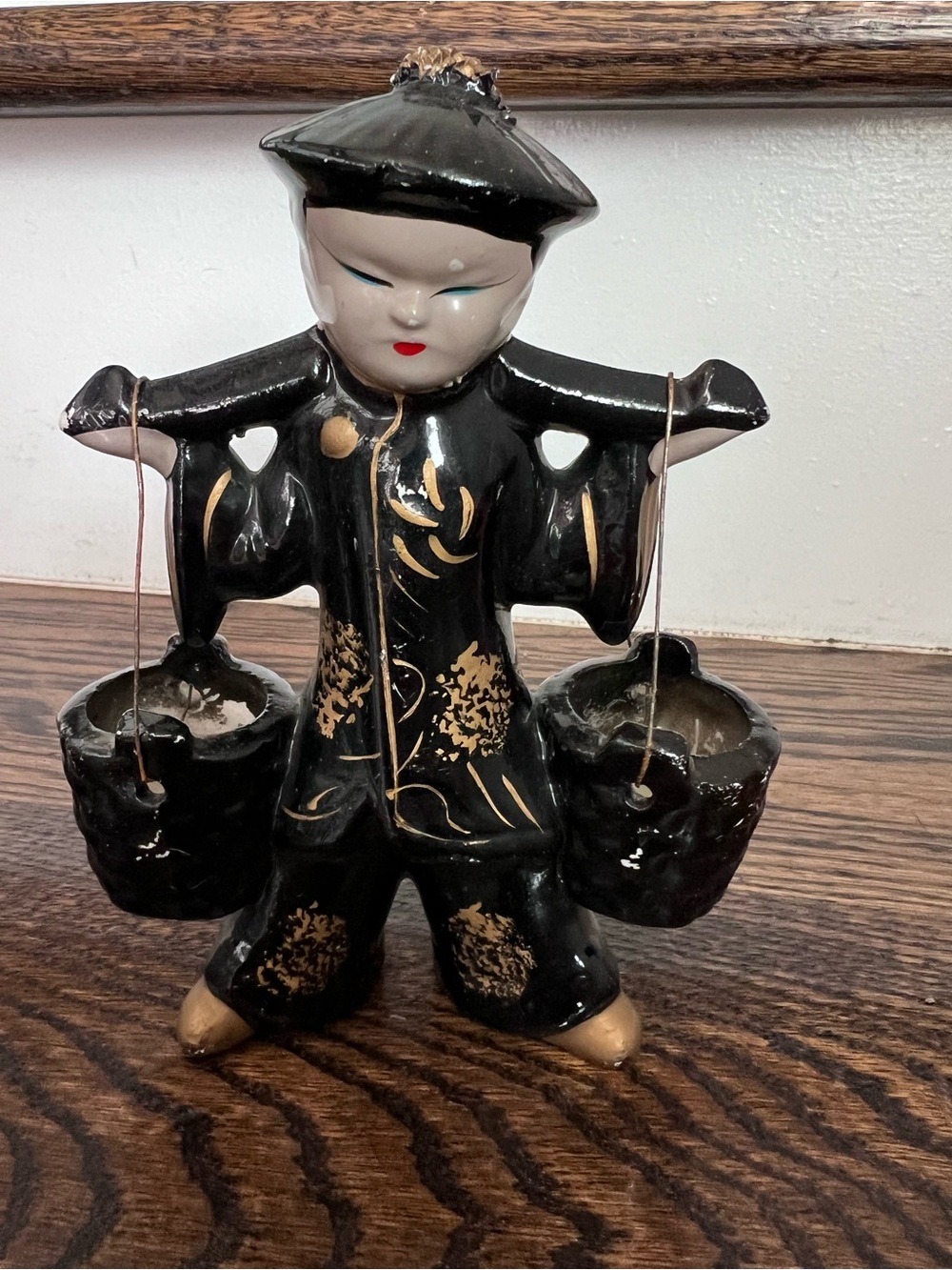 Vintage Japan Ceramic Asian Figurine with Carrying Buckets Mid-Century